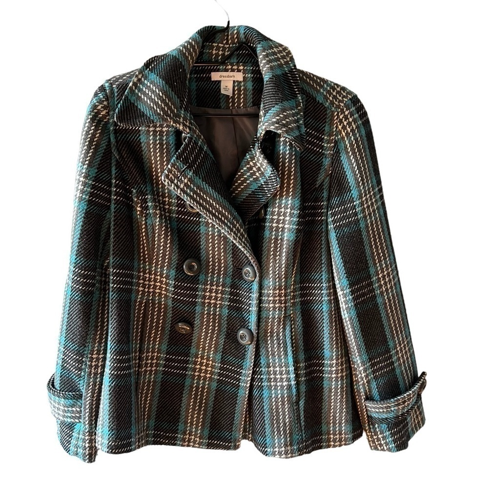 Dress Barn Woman’s Peacoat Blue Black Plaid Button Up Size Medium